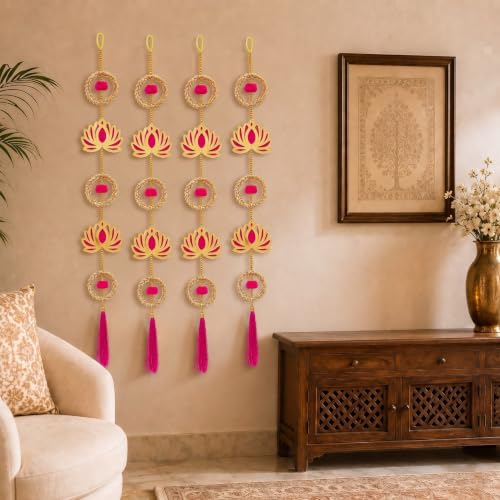 Image of JH Gallery Lotus Wreath Hanging for Ganpati Decoration Items for Home - Handmade Ganesh Chaturthi Backdrop Decoration, Mandir & Balcony Hanging (33 Inch, Pack of 4)