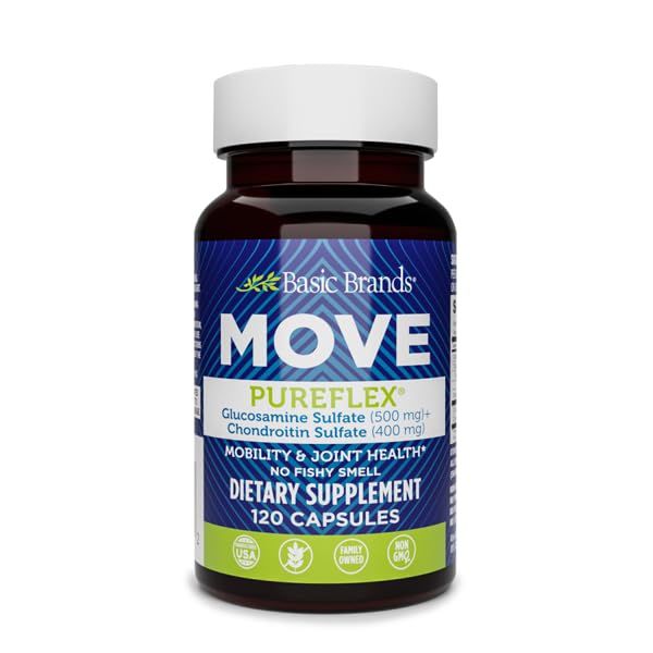 Basic Brands Suplemento articular Move Pureflex com sulfato de glucosamina 500 mg e sulfato de condroitina 400 mg, 120 cápsulas