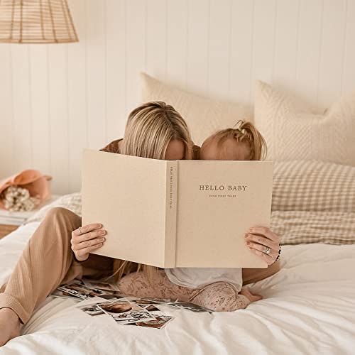 Peachly Unisex Baby Memory Book | Minimalist Baby First Year Keepsake for Milestones | Baby Books First Year Memory Book | Simple Baby Scrapbook for Boy Girl Milestones | 60 Pages Natural Linen - Olive