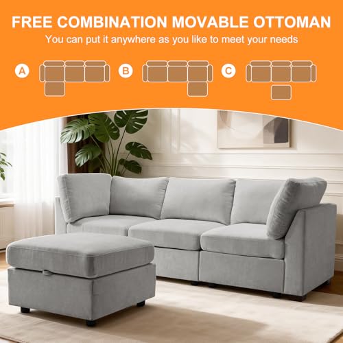 Image of TEKAMON 94 inch L Shaped Modern Sofa Modular Sectional Couch with Ottoman, 4-Seat Chenille Deep Seat Sofa for Living Room, Bedroom and Apartment, Light Grey