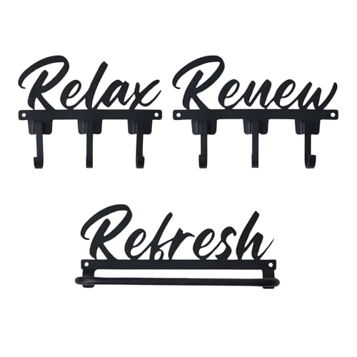 Cotinna Relax Renew Refresh Wall Decor Hooks Set – Black Metal Bathroom Towel Holder & Organizer Rack – Modern Spa Decor for Bathroom, Laundry Room, Entryway, Wall Storage