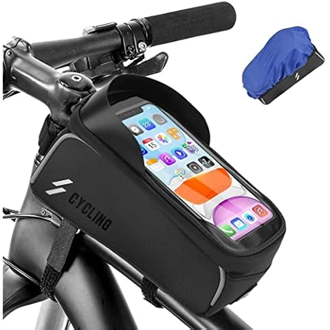 Bike Phone Holder Bag for Frame, Waterproof Bike Bag Large Capacity Mountain Bike Accessories with Rain Cover and Sun Visor with TPU Touch Screen Cover