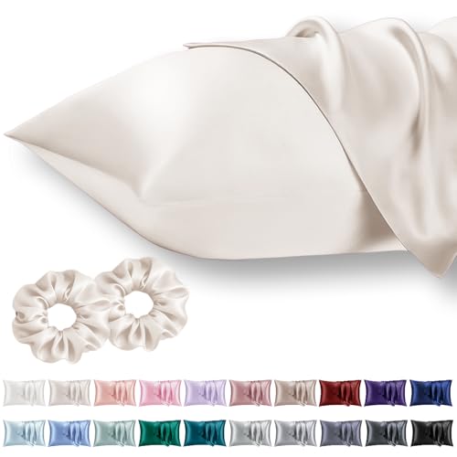 Vielit Queen Satin Pillowcase for Hair 2pc,Similar to Silk Pillow Cases,Easier Care Than Silk Pillowcase,Gifts for Women Men,Beige,20x30 & Envelope Closure and 2 Satin Scrunchies