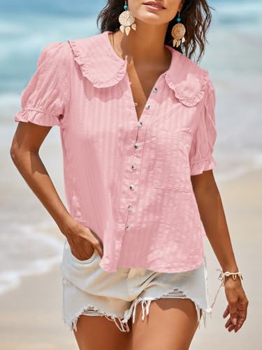 Image of Tankaneo Womens Puff Sleeve Shirts Peter Pan Collar Button Down Cotton Blouse Casual Summer Textured Tops