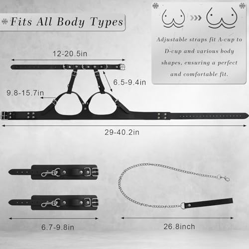 Image of BDSM Bondage Sex Breast Restraints Set B to E Cup Boobs Sex Things for Couples Kinky Adult Sex Toys with Dual-Layer PU Leather Harness Collars with Traction Chain Handcuffs Accessories