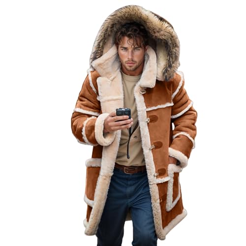 RSZGSWS Men Shearling Coats with Hood Faux Suede Sherpa Lined