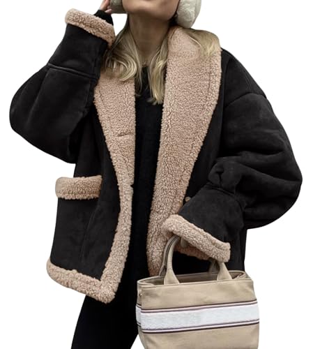 loveimgs Femmes Manteau en cuir avec doublure sherpa surdimensionné en fausse daim et polaire avec fermeture éclair - Manteau d'hiver de motarde et...