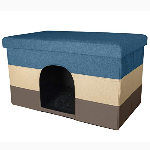 Furhaven Large Pet House Collapsible Ottoman-Footstool Condo Pet Bed - Beach House Stripe (Brown/Blue), Large #TOP5