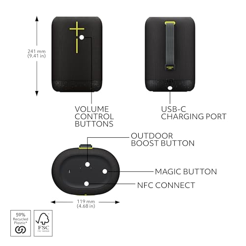 Image of Ultimate Ears EPICBOOM Portable Wireless Bluetooth Speaker - Black | Big bass, 360-degree sound, adaptive EQ, IP67 waterproof, floatable, 17-hour battery, 180 ft range, USB-C charging