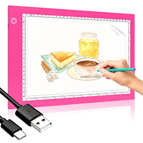 Led Licht Pad A4,Leuchttisch A4 für 5D Diamond Painting,Ultradünne A4 LED Leuchtplatte Zeichnen,Einstellbare Helligkeit,Light Pad mit USB Kabel,für Zeichnung,Künstler,Skizzieren,Animation(Rosa) Cover
