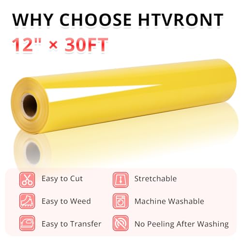 Image of HTVRONT Yellow Heat Transfer Vinyl Roll - 12 inch x 30ft HTV for T-Shirts Iron on Vinyl for All Cutting Machines - Easy to Cut & Weed