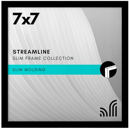 Americanflat 7x7 Picture Frame with Shatter-Resistant Glass - Streamline Collection - Thin Border Square Frame for Tabletop and Wall Display - Hanging Hardware and Easel Stand Included - Black