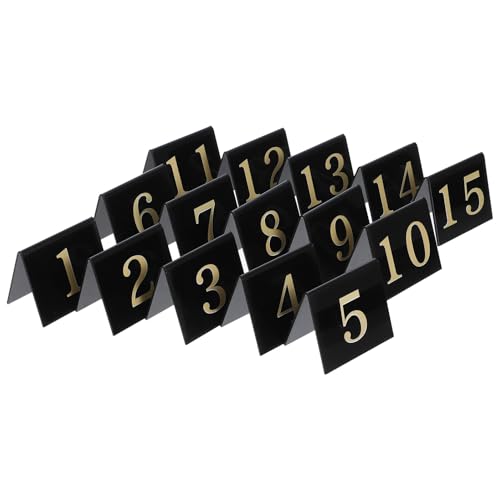 FONDOTIN 15 piezas Marcadores de Mesa Acrílicos Doble Cara Resistentes para Decoración Fiesta Detectives Escena Crimen Números Negros con Dorado Accesorios para Restaurante y Eventos