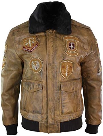 Mens Genuine Leather Air Force Pilot Bomber Jacket Tan Brown Badge Vintage Retro