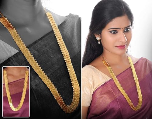 Image of VAMA FASHIONS 1 Pcs 18K Gold Plated Traditional Lakshmi Kasu Coin Long Necklace Kasu Mala Haram South Indian Temple Bridal Wedding Jewellery for Women & Girls