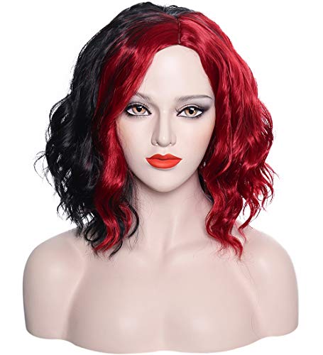 Mildiso Red And Black Wigs for Women Short Bob Wavy Heat Resistant Synthetic Soft Full Hair Wig, 14’’ Shoulder Length Cute 2 Tones Wig for Party Cosplay Daily Use with Comfortable Wig Cap M004RBK