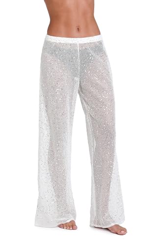 La Blanca Women's Palazzo Pant Swim Cover Up, White//Shine Crochet Covers, Small