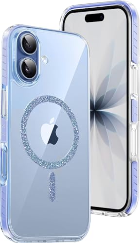Image of VONZEE Back Cover Case Compatible with iPhone 17 6.3'' Case Glitter Ring Cute Shiny Colorful Bling Case (Compatible with Magsafe) Transparent PC+TPU Glossy Shiny Cover for Girls Women,Blue