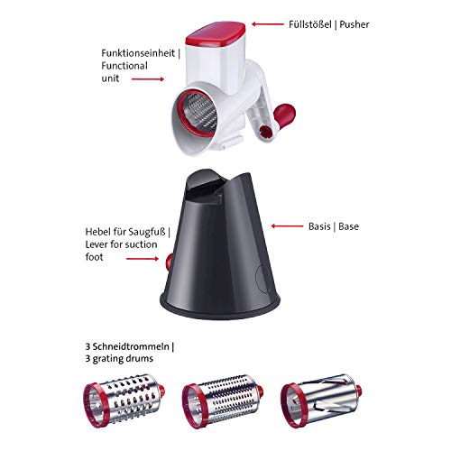 Foto von Westmark Reibemaschine mit 3 Schneidtrommeln, Trommelreibe/-hobel, Großer Saugfuß, Höhe: 26,5 cm, Kunststoff/Rostfreier Edelstahl, Scharfe Herta, Weiß/Dunkelgrau/Rot, 97022260