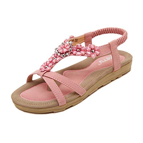 SHIBEVER Women's Summer Sandals Bohemian Beach Ankle Strap Elastic Flats Strappy Sandals Shoes Pink 9