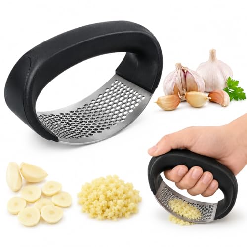 Kitchen Stainless Steel Garlic Press Crusher Heavy Duty Garlic Peeler Tool Ginger Garlic Crusher Manual Garlic Round Small Chopper Lemon Squeezer Ergonomic Garlic Presses NaturalCozy (Black)