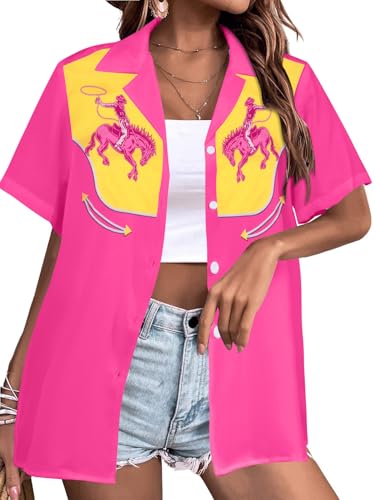 Western Shirts for Women Retro Cowgirl Shirt Rodeo Button Up Tshirt Hawaiian Summer Vacation Short Sleeve Top Blouses