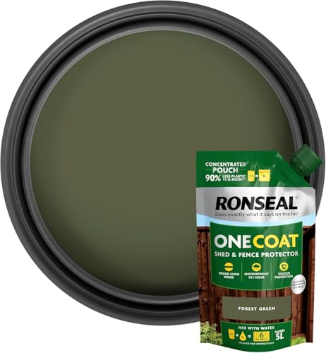 One Coat Shed & Fence Paint Refill Pouch – 950ml – Forest Green – Mix 1 Pouch with 4L Water to Make 5L – Same as Ready-Mixed Buckets – Weatherproof Wood Treatment for Fences & Sheds
