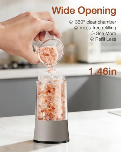 Electric Salt and Pepper Grinder Set with USB-C Charging Base,Rechargeable Automatic Stainless Steel Pepper Mill Grinder with LED Light, 2pack(Brown) — view 3