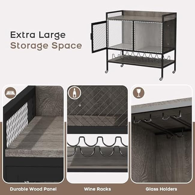 Wine Bar Cabinet with Power Outlets and Wheels, Liquor Sideboard with Mesh Door, Buffet Cabinet with Wine Racks & Glass Holder, for Home, Grey-AywEsG16