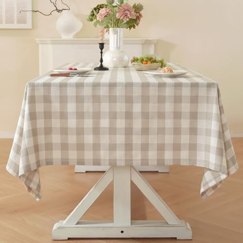Laolitou Beige Checkered Tablecloth Rectangle Tables Buffalo Plaid Gingham Table Cloth Cotton Linen Rustic Tablecloths Washable Wrinkle Free for Party Picnic Kitchen, 60