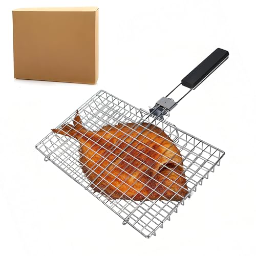 TGpao Square BBQ Fish Basket for Grilling, Portable stainless steel grill basket for Fish, Vegetables, Meat Skewers, Suitable for camping, patio barbecues, or as a gift for men/women.