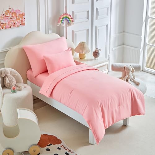 Image of Kids Comforter Sheet Set - Soft and Breathable Bed Set Includes Quilted Comforter, Fitted Sheet, Flat Top Sheet, Pillowcase and Pollowshams For Boys Girls - 6 Pieces Bed in a Bag Twin Szie Pink