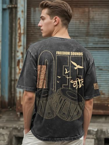 Image of Bewakoof Men's Cotton Graphic Print Oversized Fit Half Sleeve Round Neck T-Shirt | Casual Wear | Street Wear | Oversized t Shirt for Men Cotton | Baggy