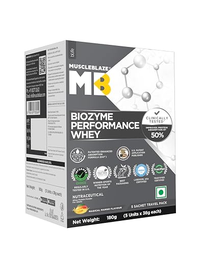 Image of MuscleBlaze Biozyme Performance Whey Protein Powder, 5 Sachet Travel Pack, Magical Mango, 180g (5x36g) | 25g Protein Per Sachet | Clinically Tested 50% Higher Protein Absorption