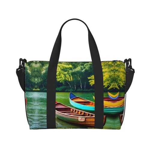Lake with Boats Canoes Park print Gym Bag for Women,Carry on Weekender Overnight Duffle Bag,Personal Item Tote Bag2