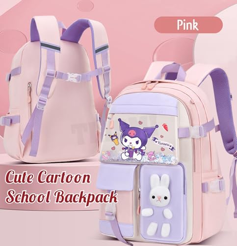 Image of Cute Pastel Contrasting Color Anime Cartoon School Backpack for Girls, Kawaii Large Capacity Bunny Bag, Lightweight Casual Travel Daypack Multi-Compartment Bookbag for Elementary School Kids