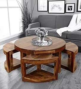 Woodkoof Solid Sheesham Wood Coffee Table with 4 Stool for Living Room, Garden, Patio, Guest Room, Cafe || Wooden Coffee Table || Solid Sheesham Wood Coffee Table ||