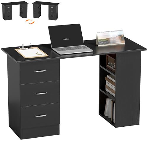 HOMCOM Computer Desk with Drawers Home Office Desk Writing Table PC Workstation with 3 Storage Shelves for Working Study 120 x 49 x 72 cm Black