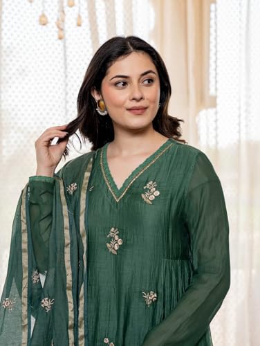 Image of KLOSIA Women Embroidery Solid Anarkali Kurta and Pant Set with Dupatta
