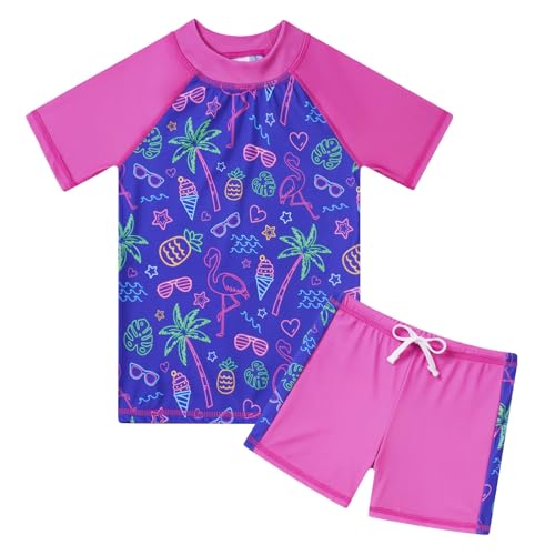 Image of Lovekider Girls Swimsuits Two Piece Rash Guard Set Short Sleeve Bathing Suit Liner Swimwear with Sun Protection 3-12T