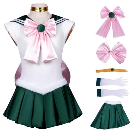Kolegrial Niñas Sailor Jupiter Disfraz Cosplay Anime Sailor Jupiter Kino Makoto Transformación Uniforme con Accesorios Set 6 Piezas para Carnaval Halloween Fiesta Cumpleaños Mascarada Traje