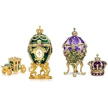 Decorative Green Royal Easter Egg Replica and Purple Lilies of The Valley Easter Egg Replica with Vintage Carriage and Trinket Crown Box