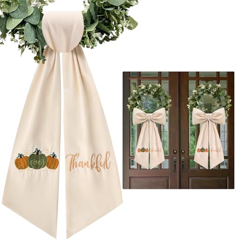 2 Pcs Thankful Wreath Sash for Front Door Embroidery Pumpkin Ribbon...