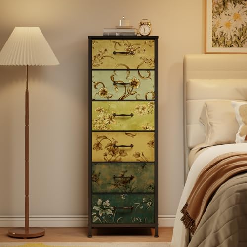Furnulem Tall 6 Drawers Dresser, Vintage Storage Organizer Unit with Fabric Bins for Bedroom, Living Room, Closet, Nusery, Dorm, Entryway, Bedside Furniture, Sturdy Metal Frame, Wood Top