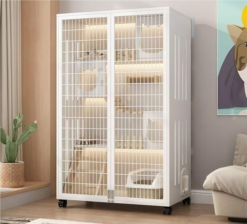 DUANLVLF 猫ケージ 木製 大型キャットハウス 3 階建て キャスター付き 移動ラクラク 大面積鉄メッシュ 通気性良好 爪とぎポスト 吊り橋付き 遊園地風デザイン 1〜3 匹多頭飼い適合 脱走防止 組み立て簡単 室内用 冬夏通用 頑丈耐久(白,120