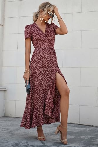 PRETTYGARDEN Women's Summer Maxi Dress Casual Wrap Floral Boho Short Sleeve V Neck Split Ruffle Beach Long Dresses