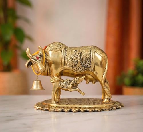 Image of KridayKraft Metal Om Kamdhenu Cow and Calf Metal Statue for Good Luck,Feng Shui As Table Top Figurine,Vastu,Religious Gau MATA Idol Home,Office&Table Decorative,Animal