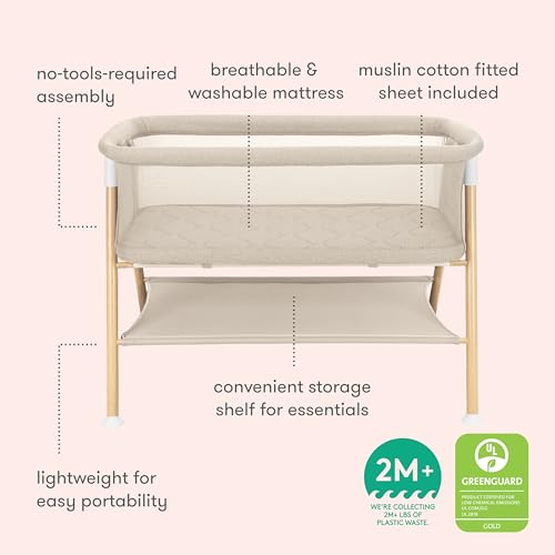 Image of Newton Baby Essential Bassinet - Ultra-Breathable, Completely Washable, More Airflow for Safer, Cooler Sleep, Non-Toxic, Bedside Sleeper, Storage Shelf, Sandstone