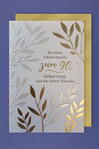 90 Geburtstag Edel Gold Luxus Karte Grußkarte liebe Wünsche Blätter 17x11cm