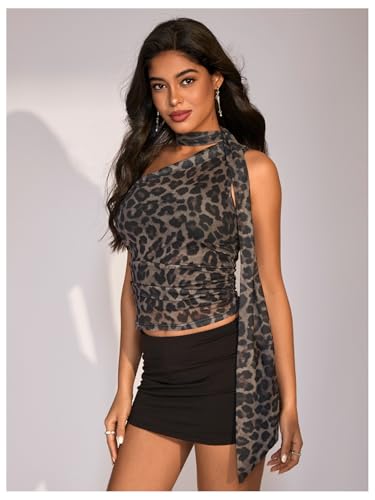 Image of RoseSeek Women's Y2K Leopard Polka Dots Halter Asymmetrical Neck Crop Tops